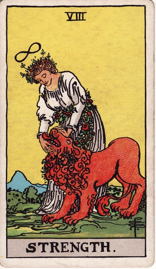 Lámina VIII, La Fuerza, del tarot Rider-Waite-Smith