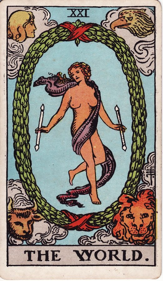 Lámina XXI, El Mundo, del tarot Rider-Waite-Smith